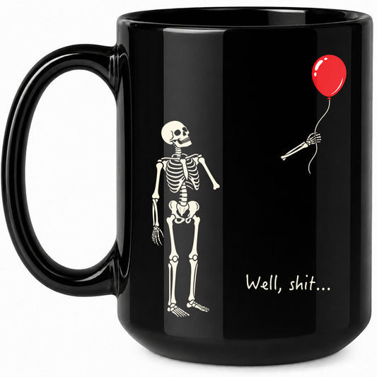 Skeleton Holding Red Balloon Halloween Mug, Funny Spooky Coffee Mug, Halloween Gift