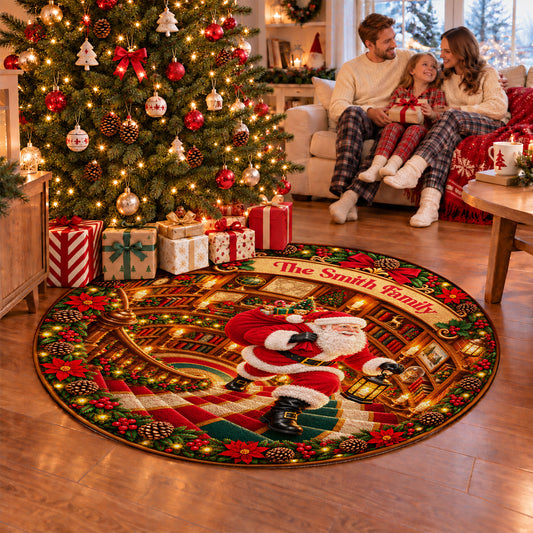 Personalized Christmas Round Rug - Custom Family Name Santa Claus 3D Effect Rug - Christmas Gift for Family