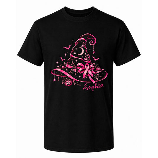 Personalized Breast Cancer Awareness Halloween Sweatshirt, Pink Ribbon Witch Hat Gift For Her, Family