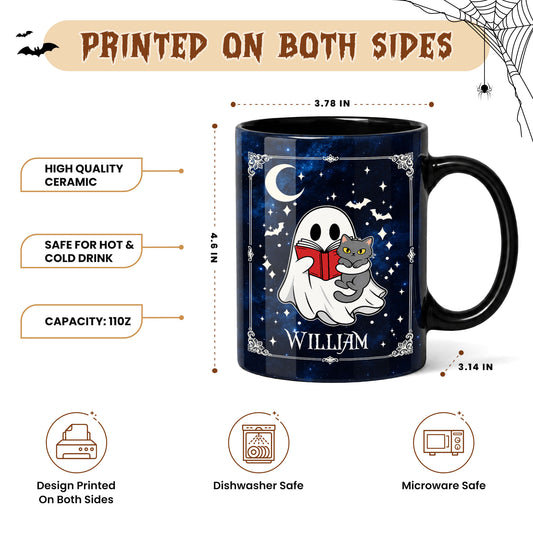 Personalized Halloween Mug, Custom Name Ghost & Black Cat Coffee Cup Gift For Women, Adult and Kid