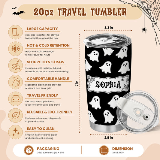 Personalized Halloween Tumbler 20oz Travel Tumbler with Name, Vintage Spooky Pattern Gift For Girl & Boy