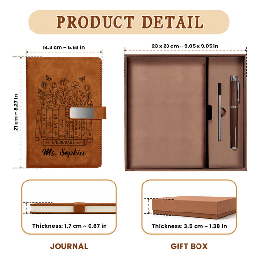 Floral Books Teacher Notebook - Custom Name Leather Notebook Gift Set - Teacher Appreciation Gift