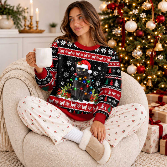 Cute Black Cat Christmas Sweater, Festive Snowflake Ugly Sweater, Christmas Gift for Cat Lovers