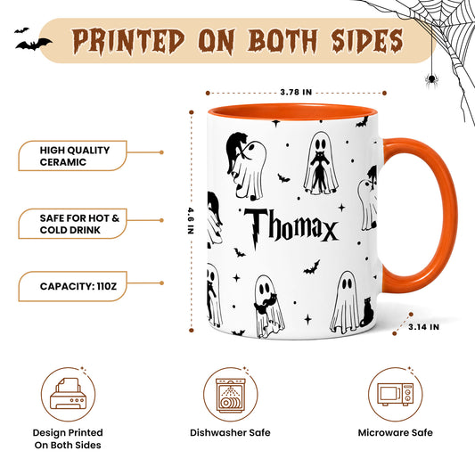 Personalized Halloween Mug, Custom Name Ghost & Black Cat Coffee Cup, Gothic Fall Drinkware, Ceramic Mug Gift