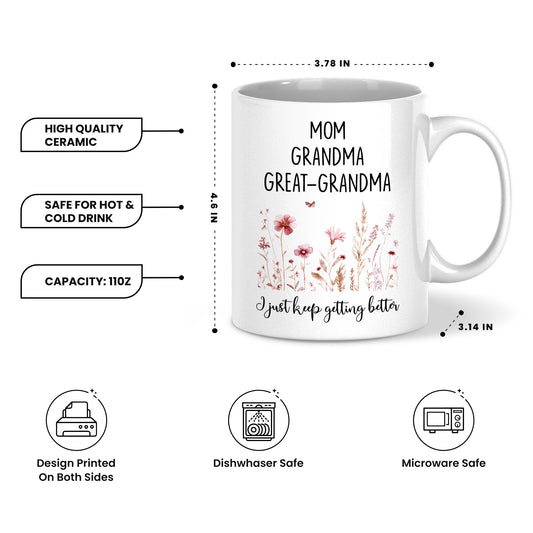 Personalized Mom Grandma Great-Grandma Floral Mug – Cute Family Coffee Cup Gift for Mom and Grandma