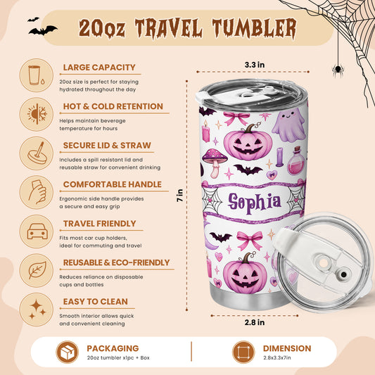 Personalized Halloween Tumbler 20oz Travel Tumbler with Name, Vintage Spooky Pattern Gift For Girl & Boy
