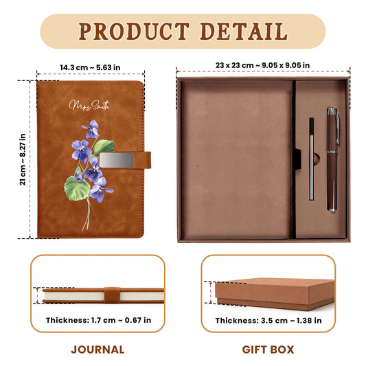 Personalized Leather Notebook Set with Custom Name, Floral Journal Gift Set with Pen for Women, Teacher, Student, Office