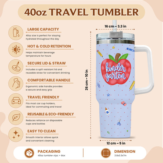 Personalized Teacher & Student Tumbler 40oz with Handle – Custom Name & Grade, Striped Apple School Tumbler for Preschool to 8th Grade