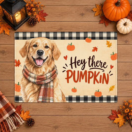 Custom Photo Watercolor Pet With Autumn Accessories Hey There Pumpkin - Personalized Doormat