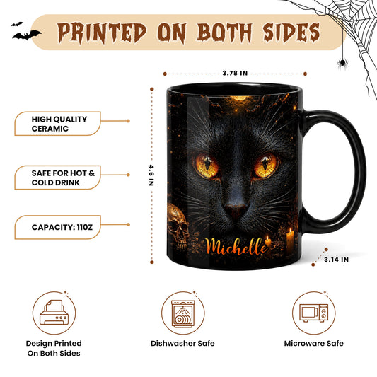 Personalized Halloween Cat Mug, Cute Black Cat Witch Hat Pumpkin Mug, Custom Name Fall Coffee Cup, Halloween Gift for Cat Lovers
