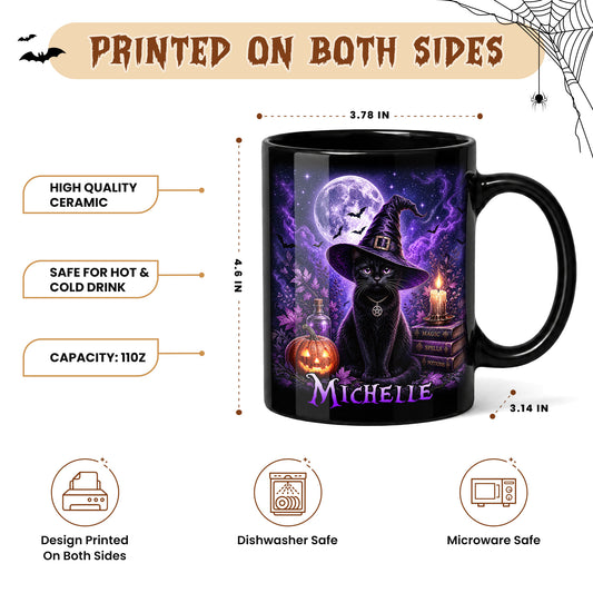 Personalized Halloween Cat Mug, Cute Black Cat Witch Hat Pumpkin Mug, Custom Name Fall Coffee Cup, Halloween Gift for Cat Lovers