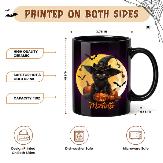 Personalized Halloween Black Cat Mug, Cute Black Cat Witch Hat Custom Name Halloween Gift for Cat Lovers