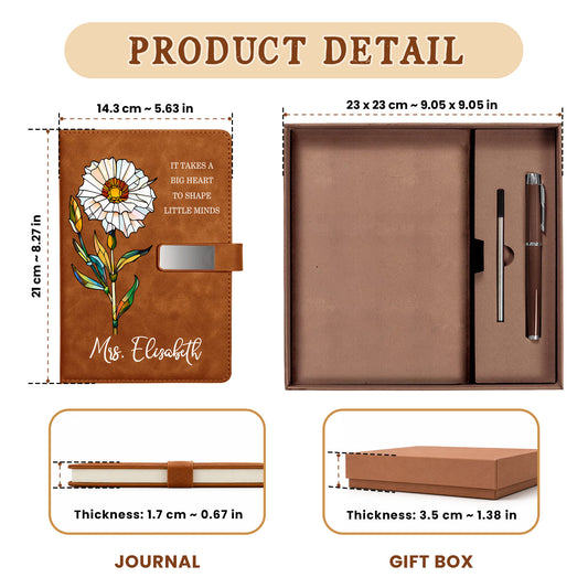 Stained Glass Birth Month Flower Teacher Journal - Custom Name Leather Notebook Gift Set - Teacher Appreciation Gift