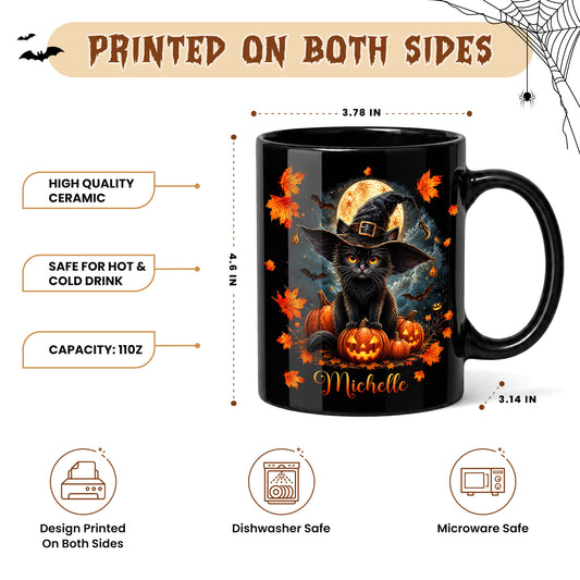 Personalized Halloween Black Cat Mug, Cute Black Cat Witch Hat Custom Name Halloween Gift for Cat Lovers