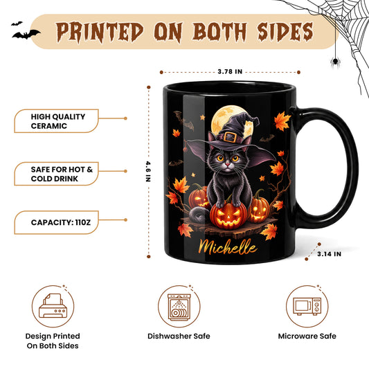 Personalized Halloween Cat Mug, Cute Black Cat Witch Hat Pumpkin Mug, Custom Name Fall Coffee Cup, Halloween Gift for Cat Lovers