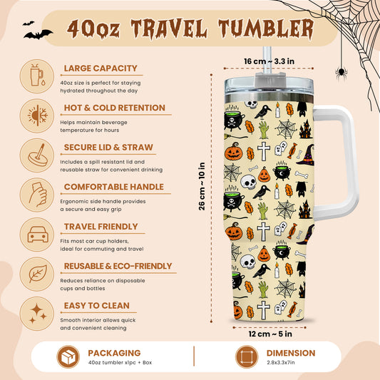 Personalized Halloween Tumbler 40oz Travel Tumbler with Name, Vintage Spooky Pattern Gift For Girl & Boy