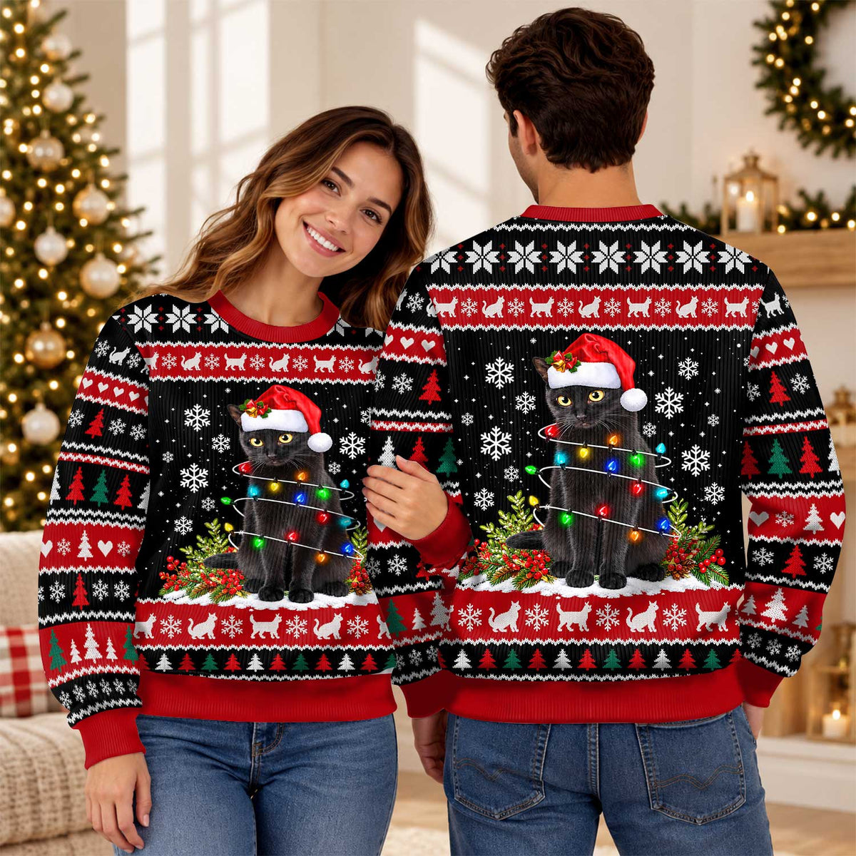 Cute Black Cat Christmas Sweater, Festive Snowflake Ugly Sweater, Christmas Gift for Cat Lovers