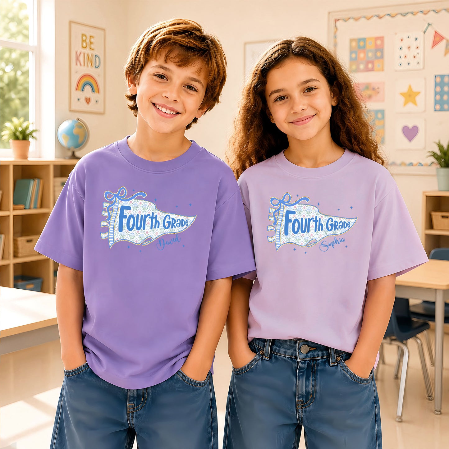Personalized Back to School Shirt – Custom Name & Grade Preppy Striped Pennant Flag Color Tee for Teachers & Students, Pre-K to 8th Grade Outfit