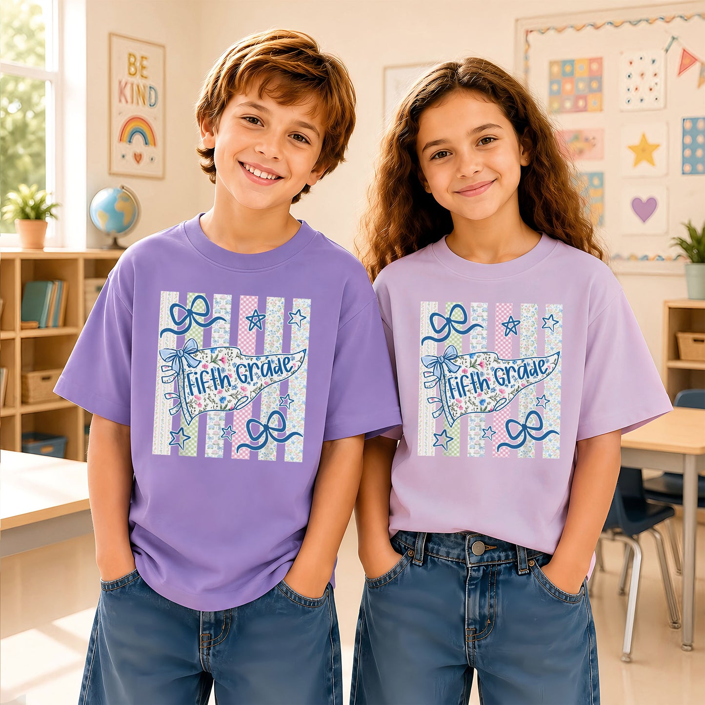 Personalized Back to School Shirt – Custom Name & Grade Preppy Striped Pennant Flag Color Tee for Teachers & Students, Pre-K to 8th Grade Outfit