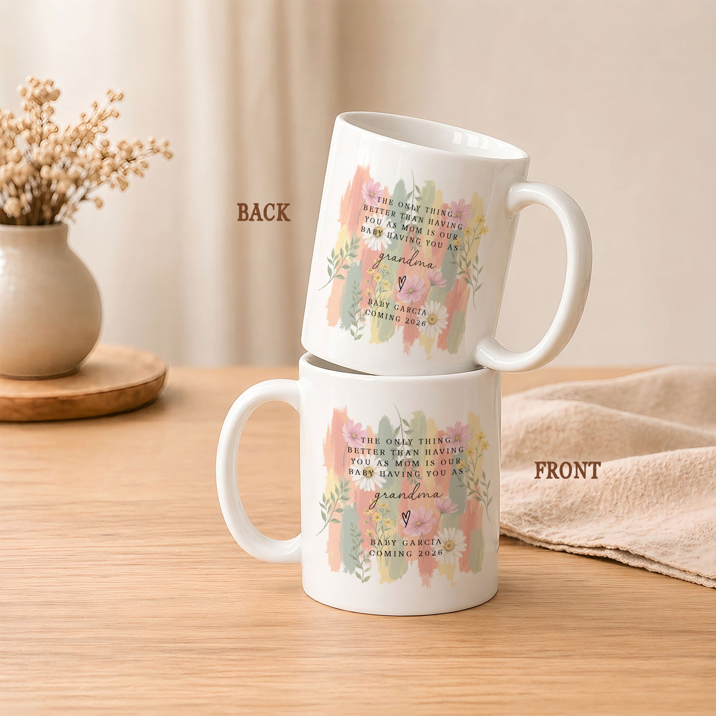 Personalized Grandma Mug – Custom Baby Name & Due Year Coffee Mug, Grandma Announcement Gift, Baby Coming 2026