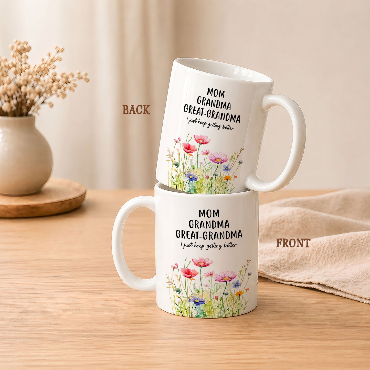 Personalized Mom Grandma Great-Grandma Floral Mug – Cute Family Coffee Cup Gift for Mom and Grandma
