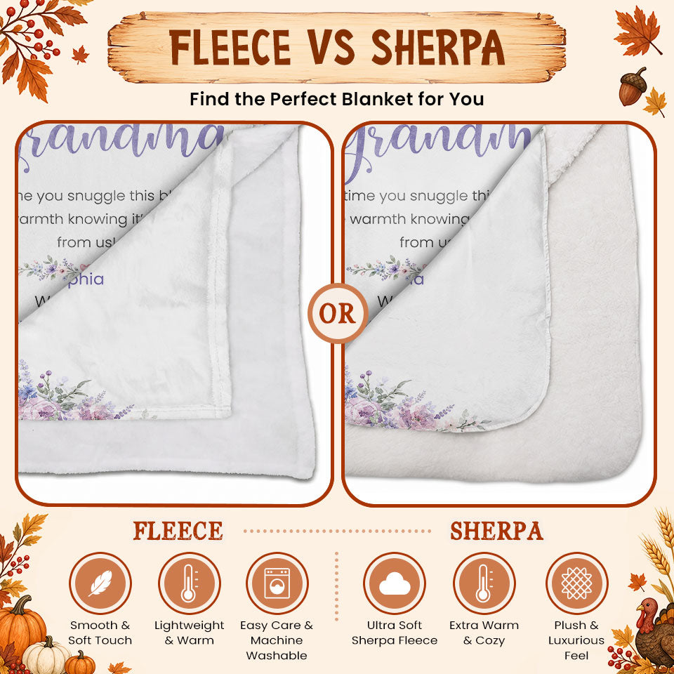 Personalized Grandma Thanksgiving Fleece or Sherpa Blanket, Floral Garden Family Custom Gift for Grandma