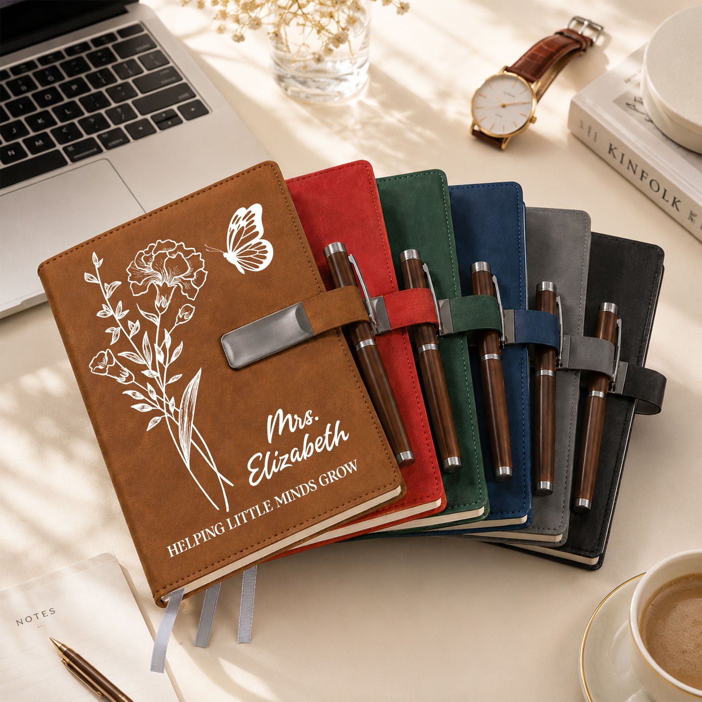 Birth Month Flower Teacher Journal - Custom Name Leather Notebook Gift Set - Teacher Appreciation Gift