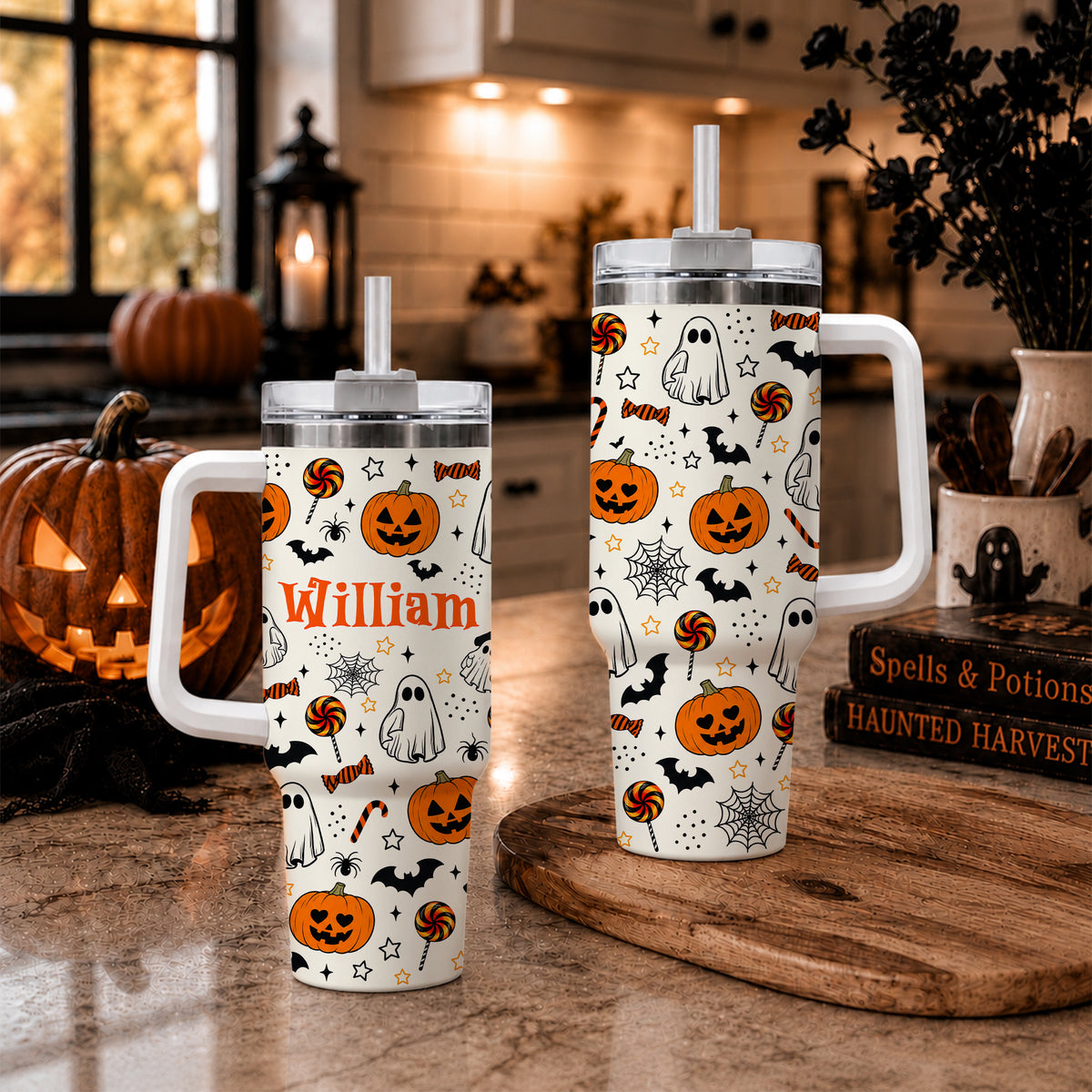 Personalized Halloween Tumbler, 40oz Travel Tumbler with Name, Vintage Spooky Pattern Gift Girls and Boys