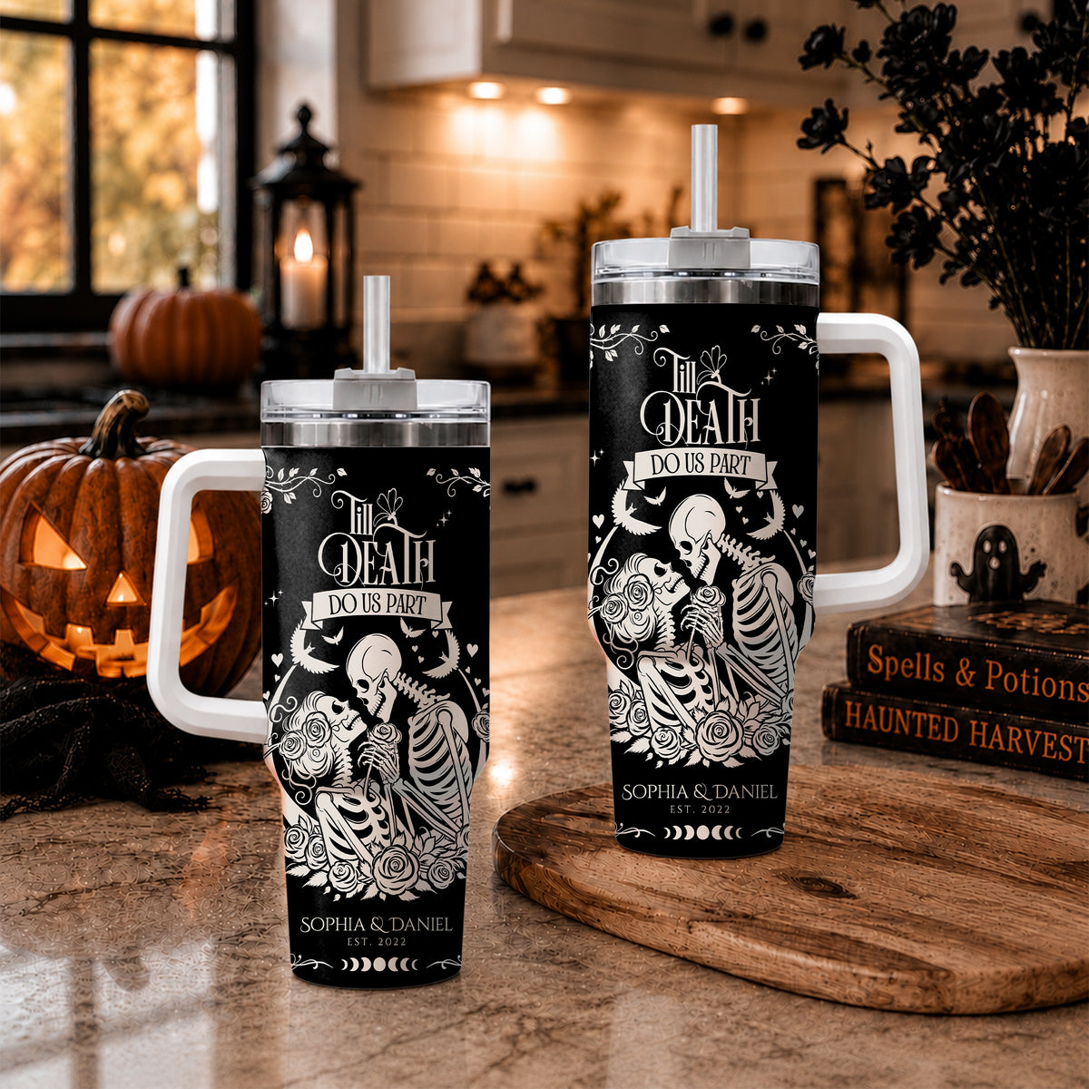 Personalized Skeleton Couple Halloween Tumbler 40oz, Gothic Skeleton with Roses, Halloween Gift for Couples