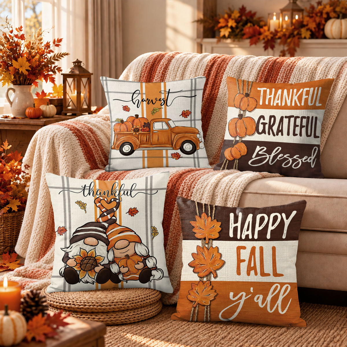 Thanksgiving Fall Decorative Pillow Set of 2 or 4, Harvest Throw Pillows for Home Decor, Gifts for Family