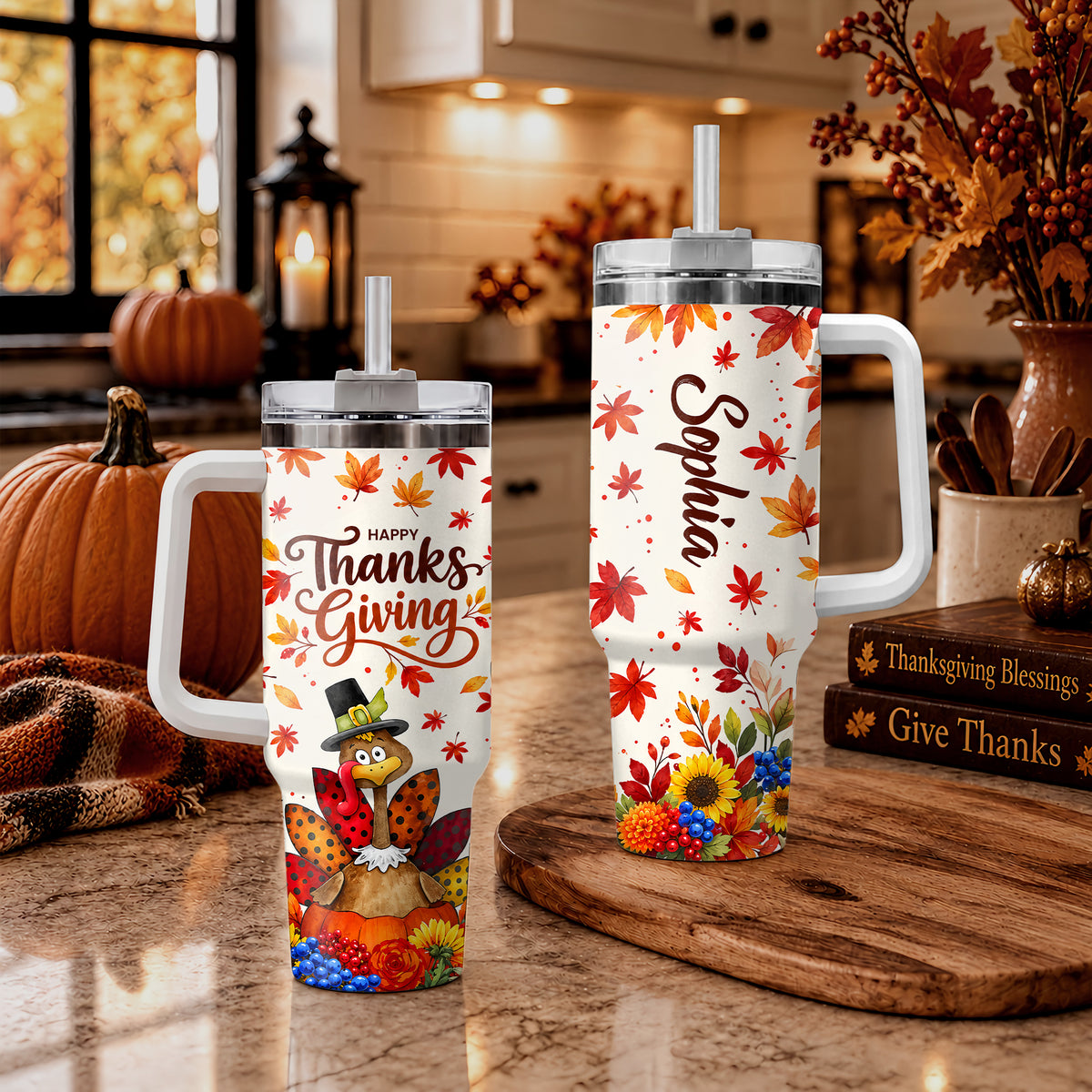 Personalized Thanksgiving Tumbler 40oz, Turkey Fall Leaves Gnome, Hello Fall Custom Name Gift For Adult & Friends