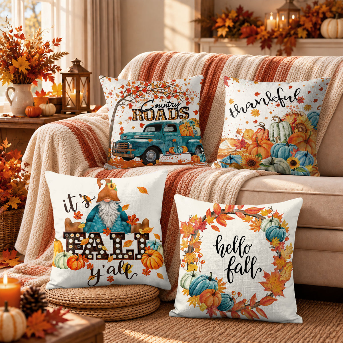Thanksgiving Fall Decorative Pillow Set of 2 or 4, Harvest Throw Pillows for Home Decor, Gifts for Family