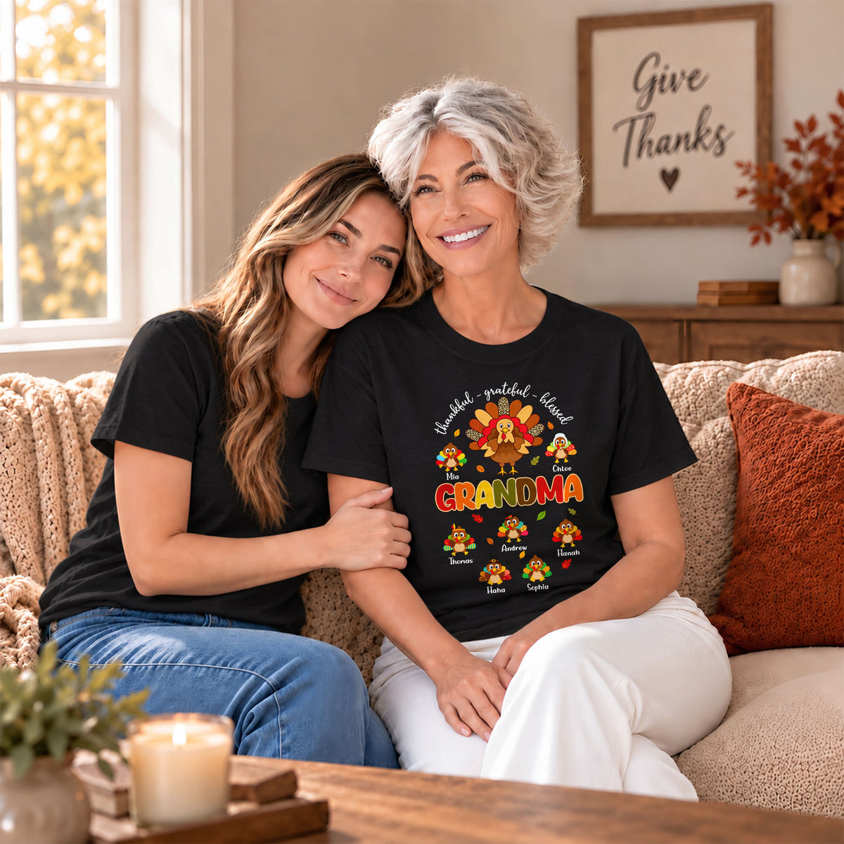 Personalized Thankful Grateful Blessed Grandma Sweatshirt, Custom Grandma Turkey with Grandkids Names Gift For Family
