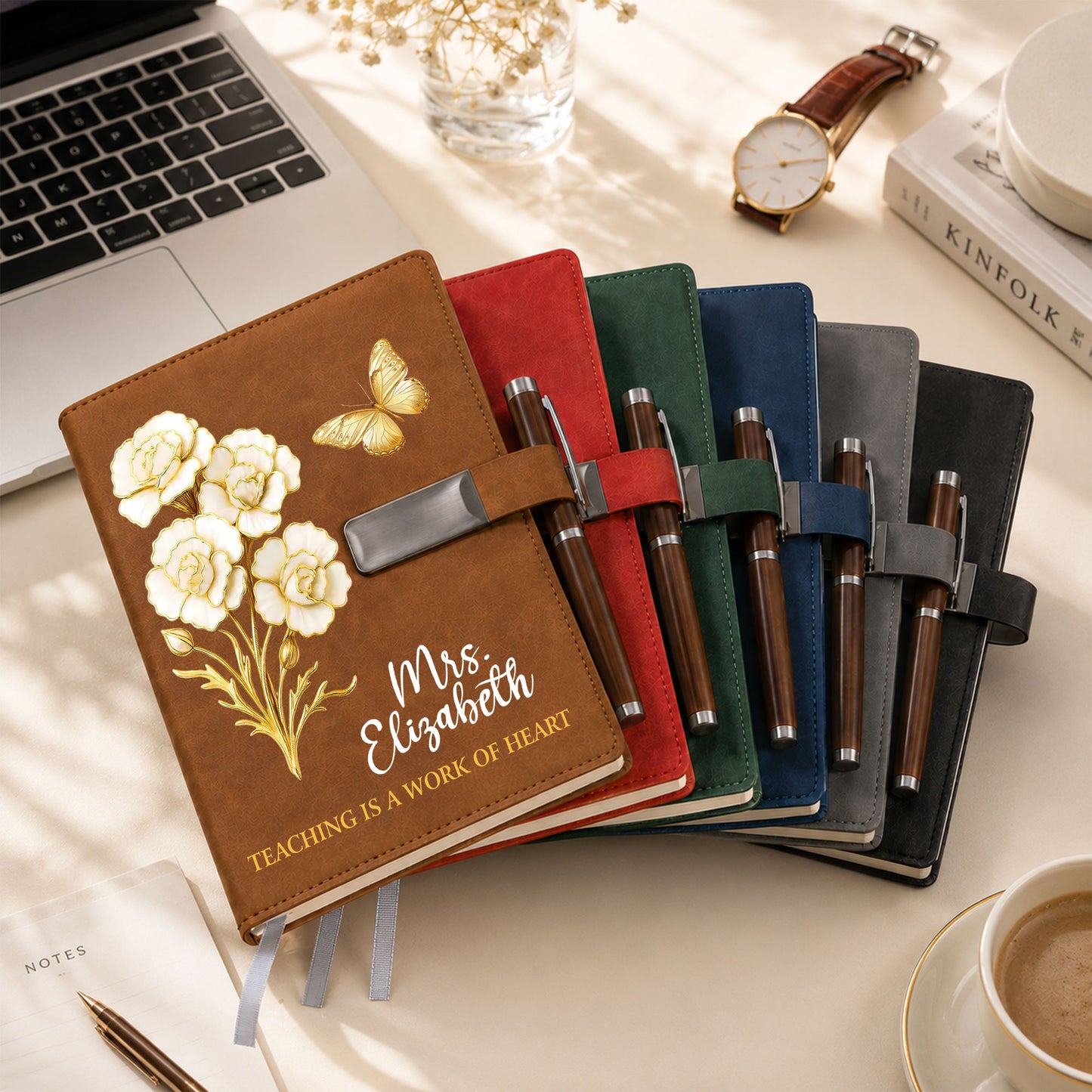 White & Gold Birth Month Flower Teacher Journal - Custom Name Leather Notebook Gift Set - Teacher Appreciation Gift