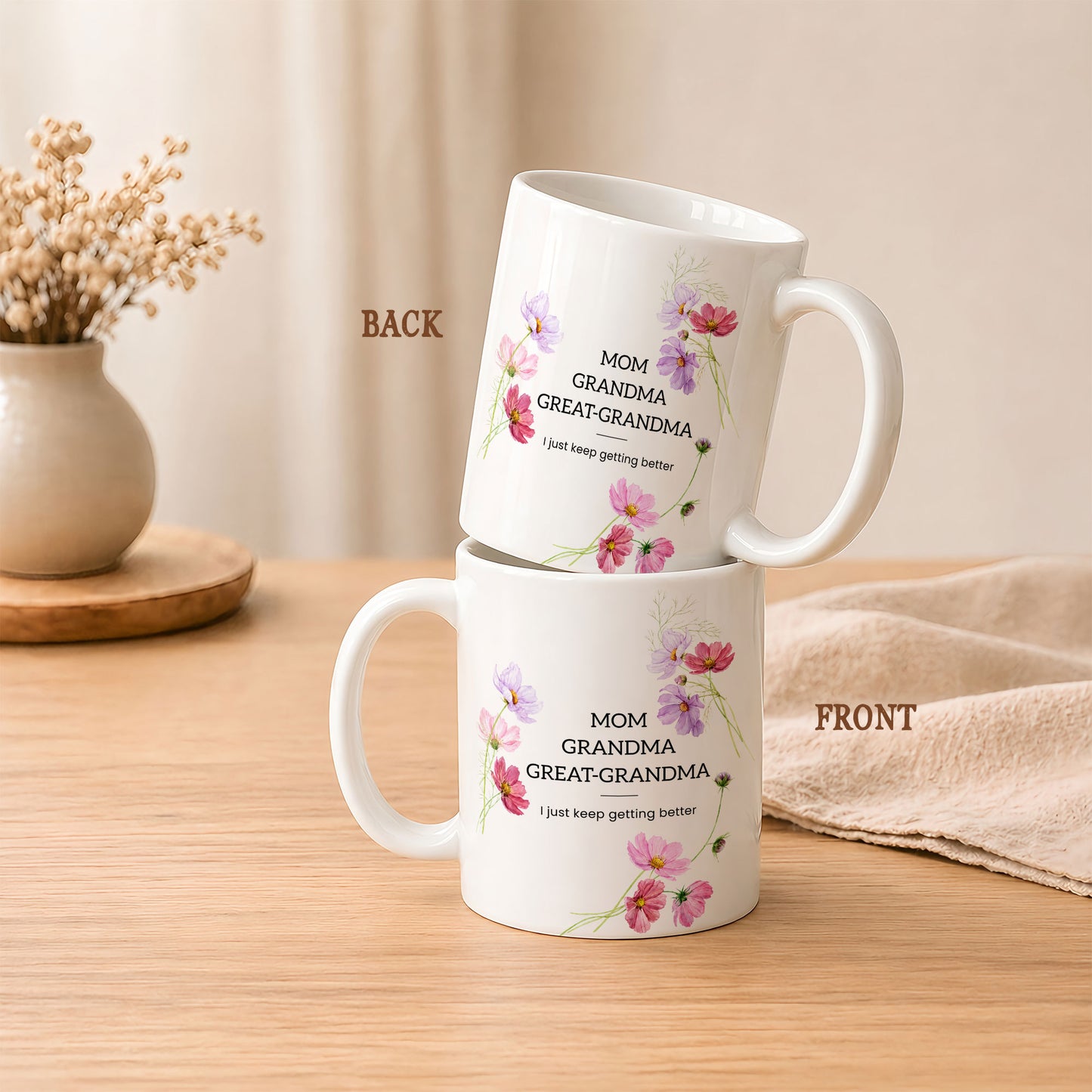 Personalized Mom Grandma Great-Grandma Floral Mug – Cute Family Coffee Cup Gift for Mom and Grandma