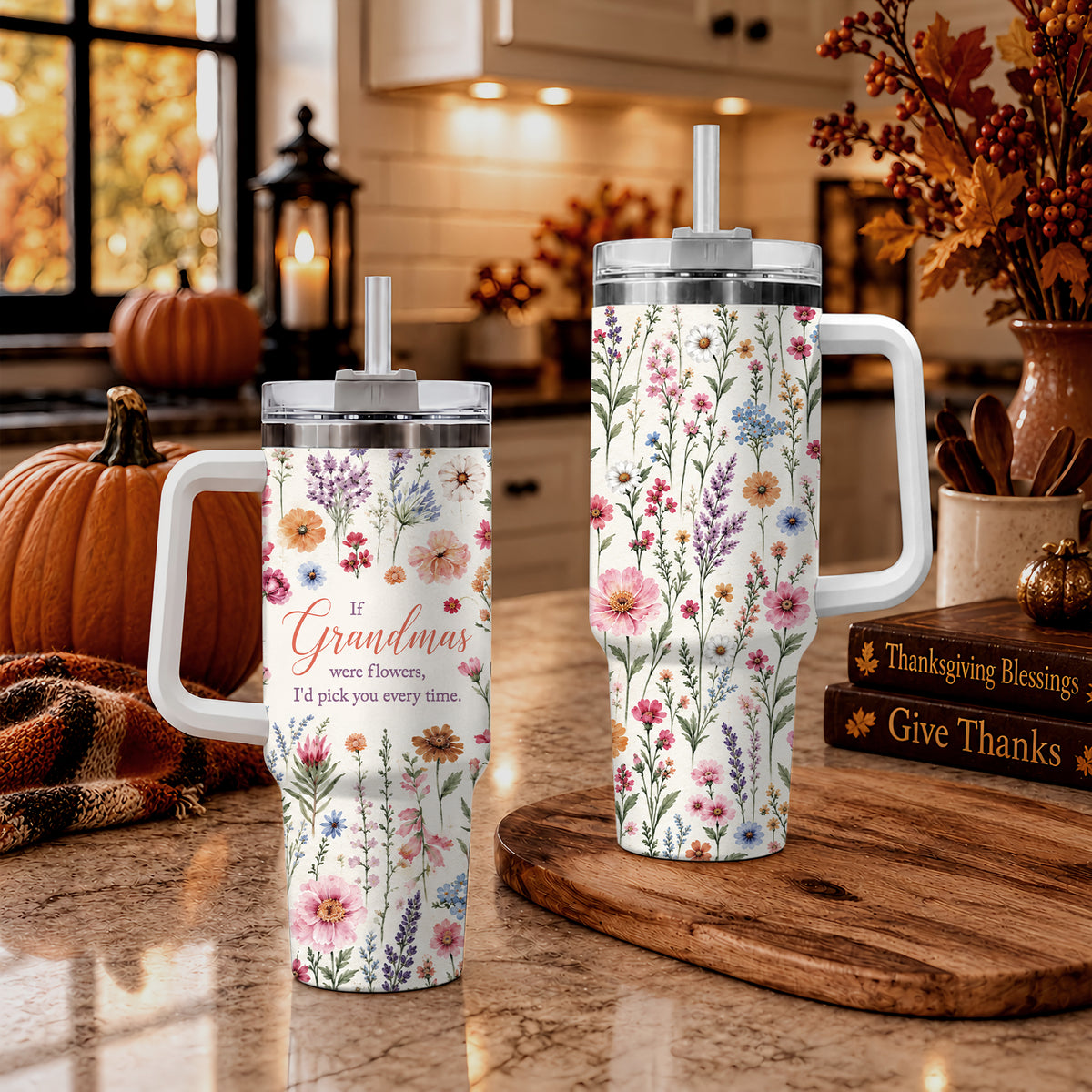 Personalized Thanksgiving Tumbler 40oz with Handle, Floral Fall Design, Gift For Grandma