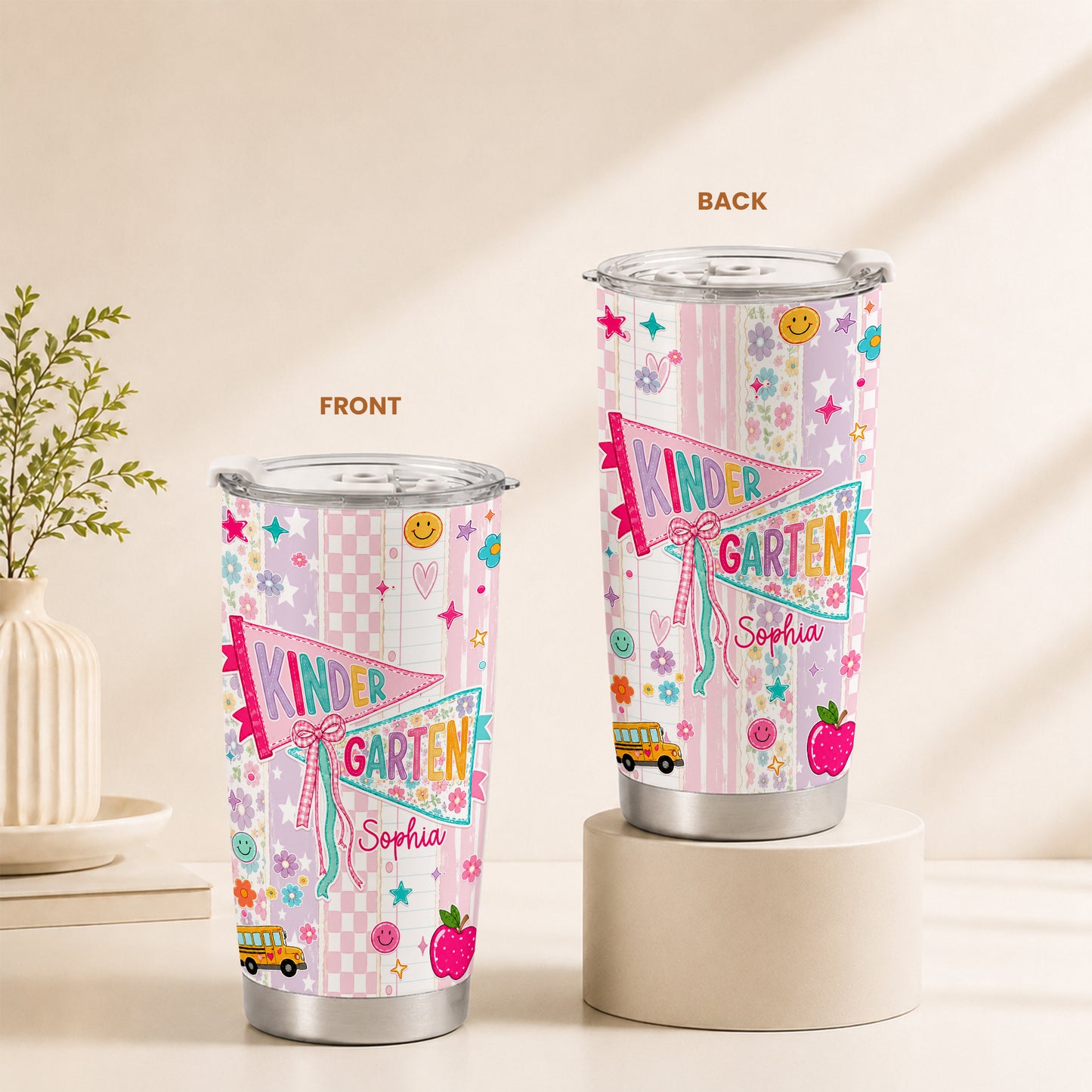 Personalized Back to School Tumbler - Custom Name & Class for Teachers and Students, Pastel Bow 20oz Travel Cup