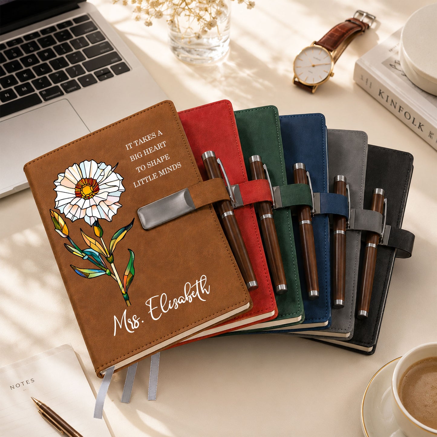 Stained Glass Birth Month Flower Teacher Journal - Custom Name Leather Notebook Gift Set - Teacher Appreciation Gift