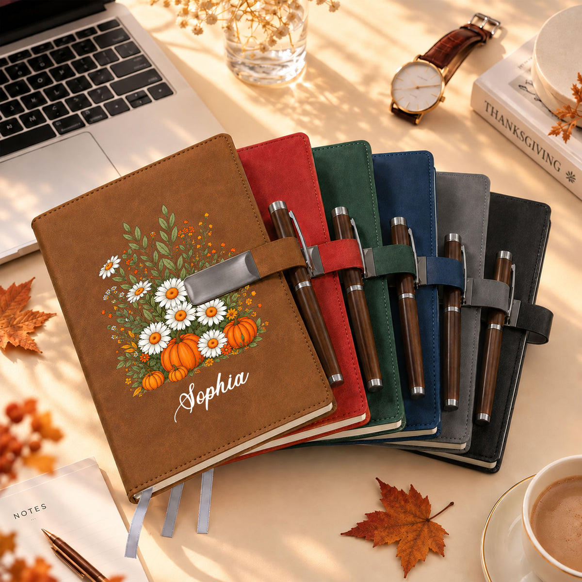 Personalized Notebook Thanksgiving Gift, Fall Floral Pumpkin Gift for Teacher, Student, Family, Friends