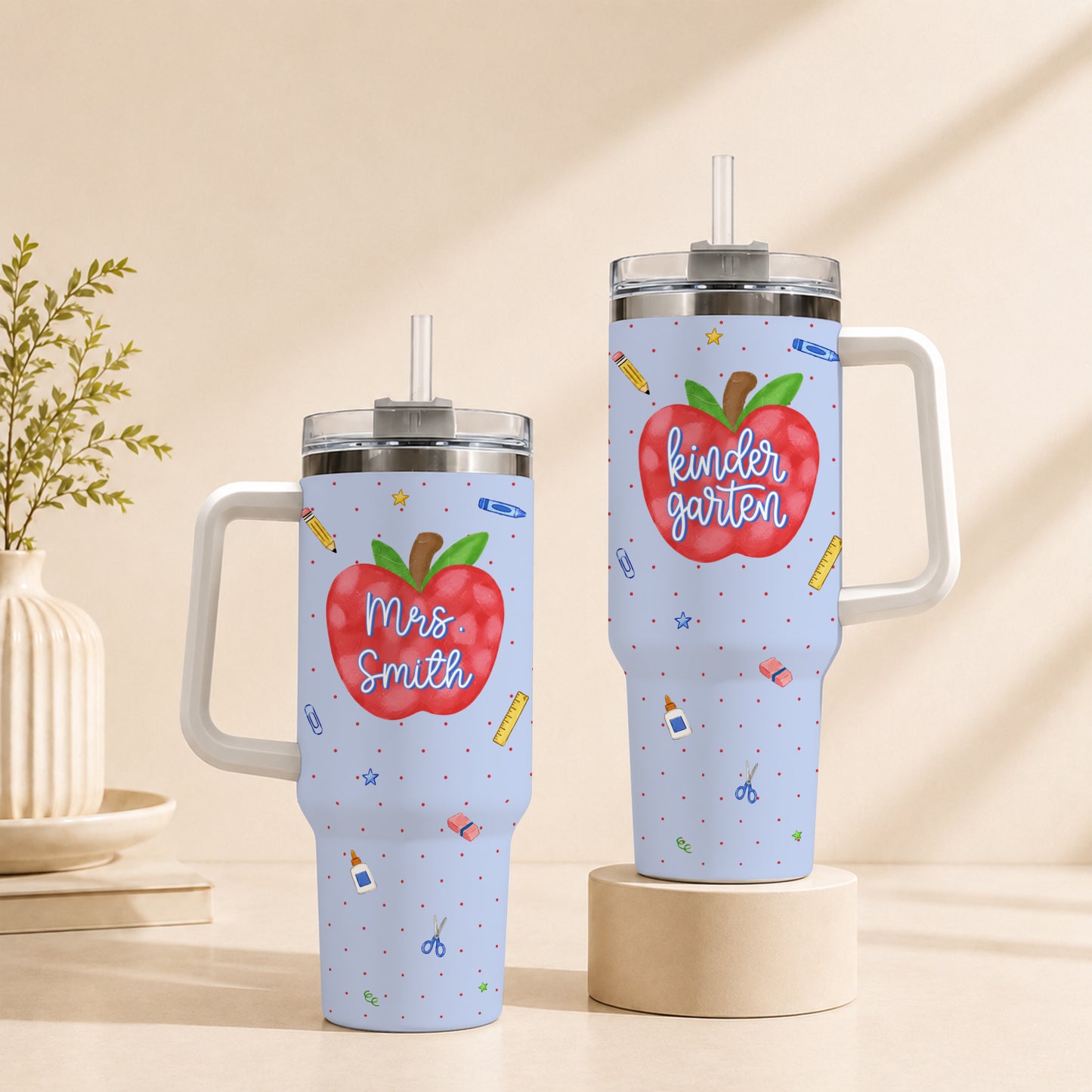 Personalized Teacher & Student Tumbler 40oz with Handle – Custom Name & Grade, Striped Apple School Tumbler for Preschool to 8th Grade