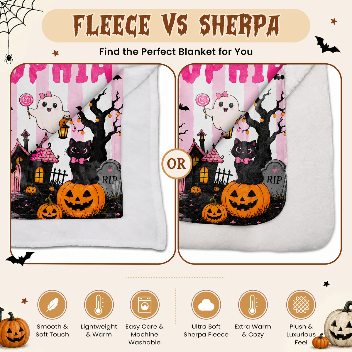 Personalized Halloween Fleece Blanket, Sherpa Blanket, Custom Name Ghost Pumpkin Blanket, Cute Spooky Seasonal Home Decor for Kids