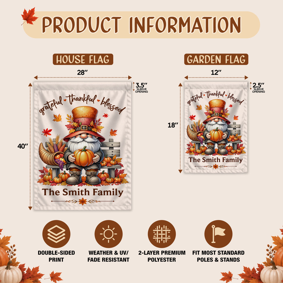 Personalized Thanksgiving Family Flag, Gnome Fall Garden Custom Family Name, Outdoor Decor Gift For Family