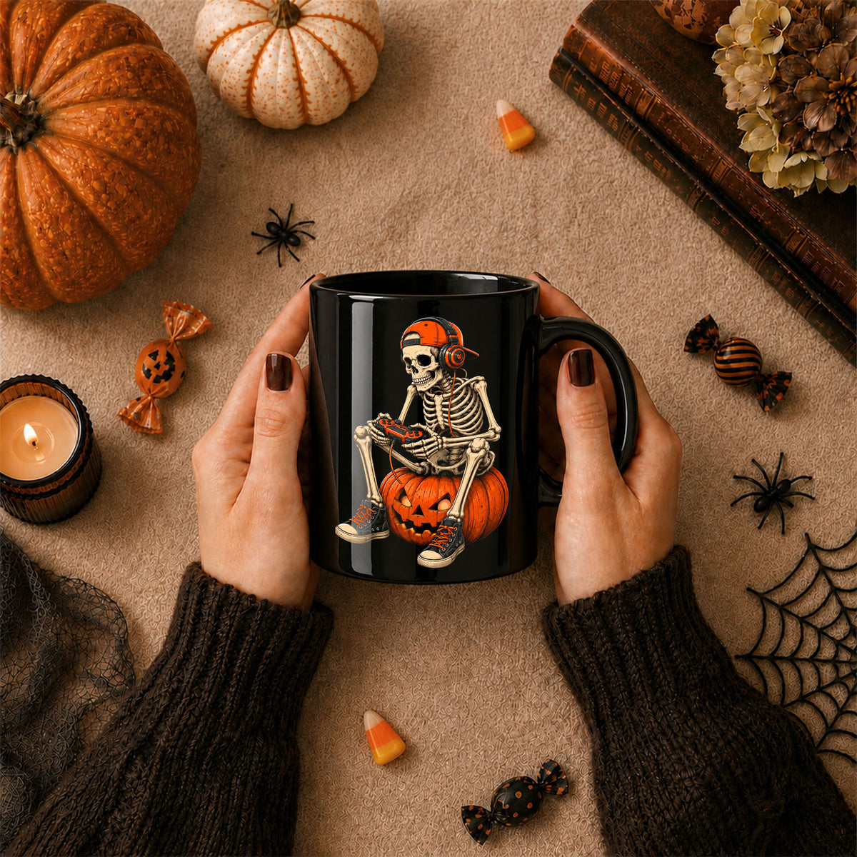 Skeleton Holding Red Balloon Halloween Mug, Funny Spooky Coffee Mug, Halloween Gift