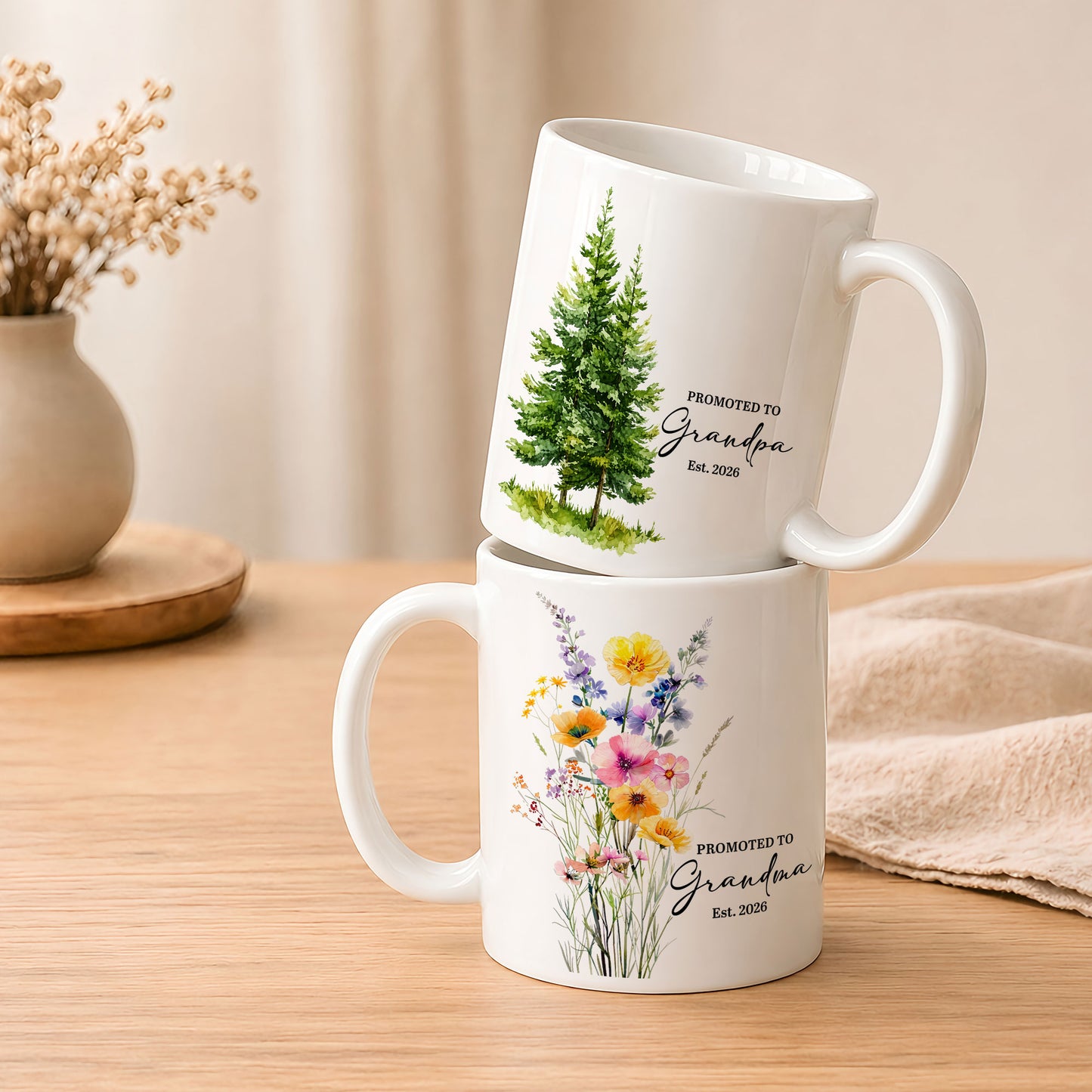 Personalized Promoted to Grandma Grandpa Mug Set – Matching Couple Coffee Mugs Est 2026, New Grandparents Gift