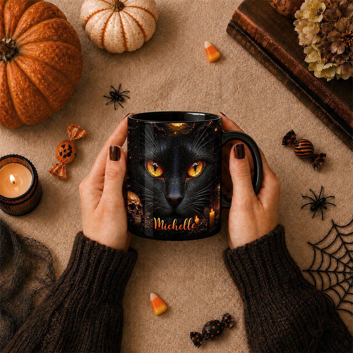 Personalized Halloween Cat Mug, Cute Black Cat Witch Hat Pumpkin Mug, Custom Name Fall Coffee Cup, Halloween Gift for Cat Lovers