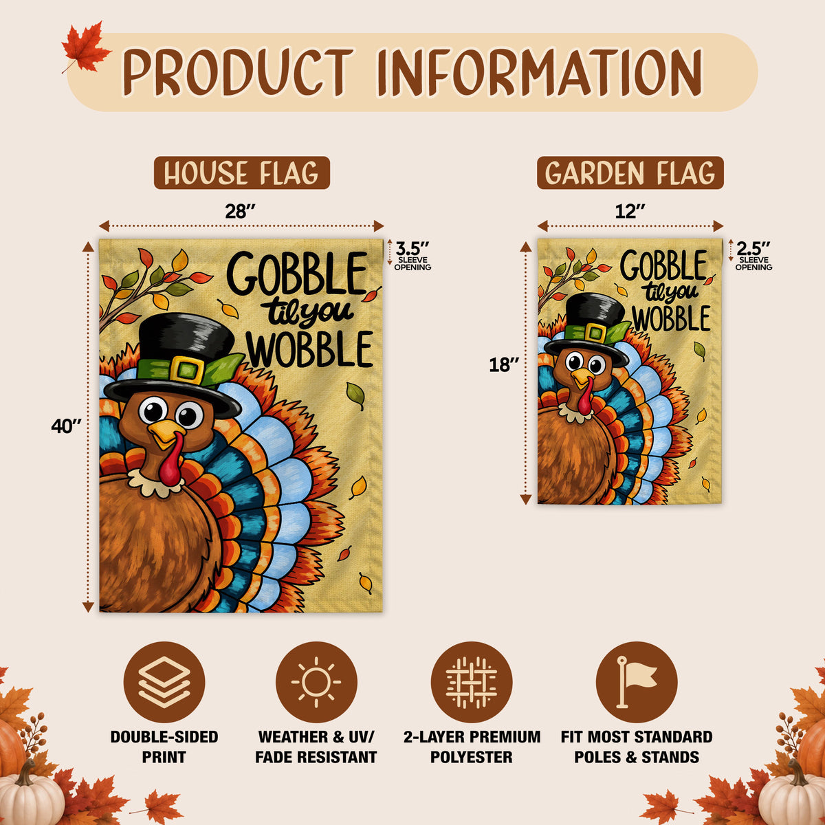 Thanksgiving Garden Flag Turkey GOBBLE WOBBLE Chestnuts Pumpkin Family Home Decor Gift For Family