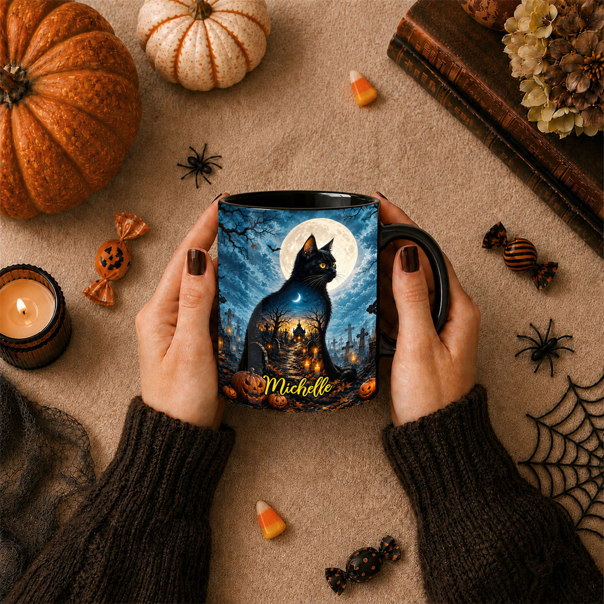 Personalized Halloween Cat Mug, Cute Black Cat Witch Hat Pumpkin Mug, Custom Name Fall Coffee Cup, Halloween Gift for Cat Lovers