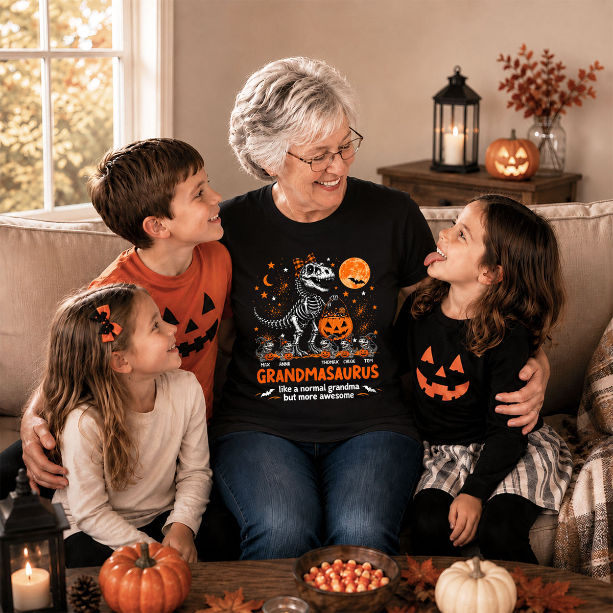 Personalized Grandmasaurus Halloween T-Shirt, Custom Grandkids Names Dinosaur Family Shirt, Spooky Pumpkin Grandma Tee