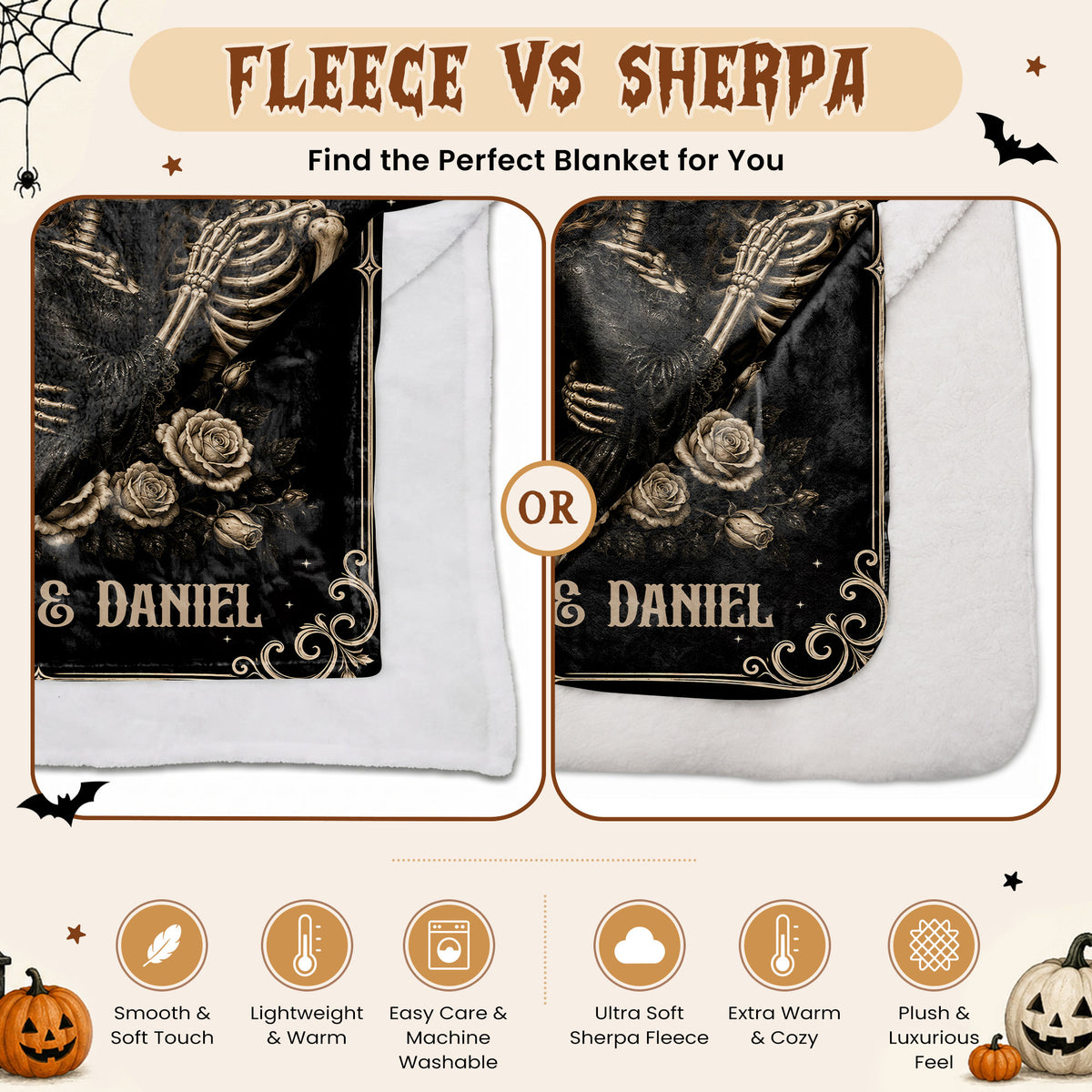 Personalized Skeleton Couple Fleece & Sherpa Blanket, Gothic Blanket with Roses, Halloween Gift for Couples