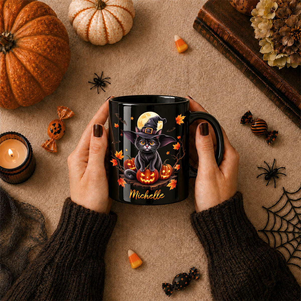 Personalized Halloween Cat Mug, Cute Black Cat Witch Hat Pumpkin Mug, Custom Name Fall Coffee Cup, Halloween Gift for Cat Lovers